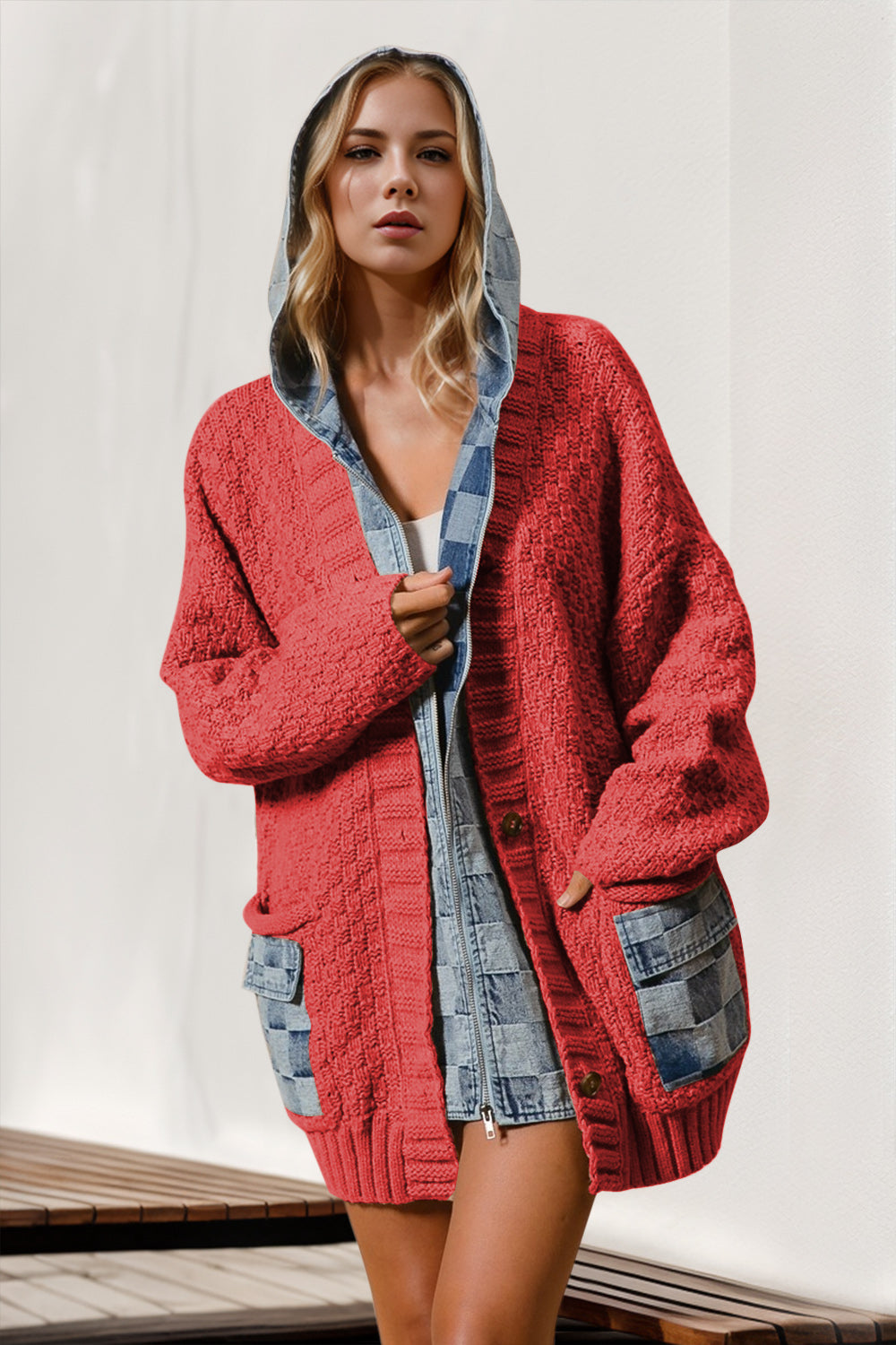 Denim Sweater Cardigan With Pockets