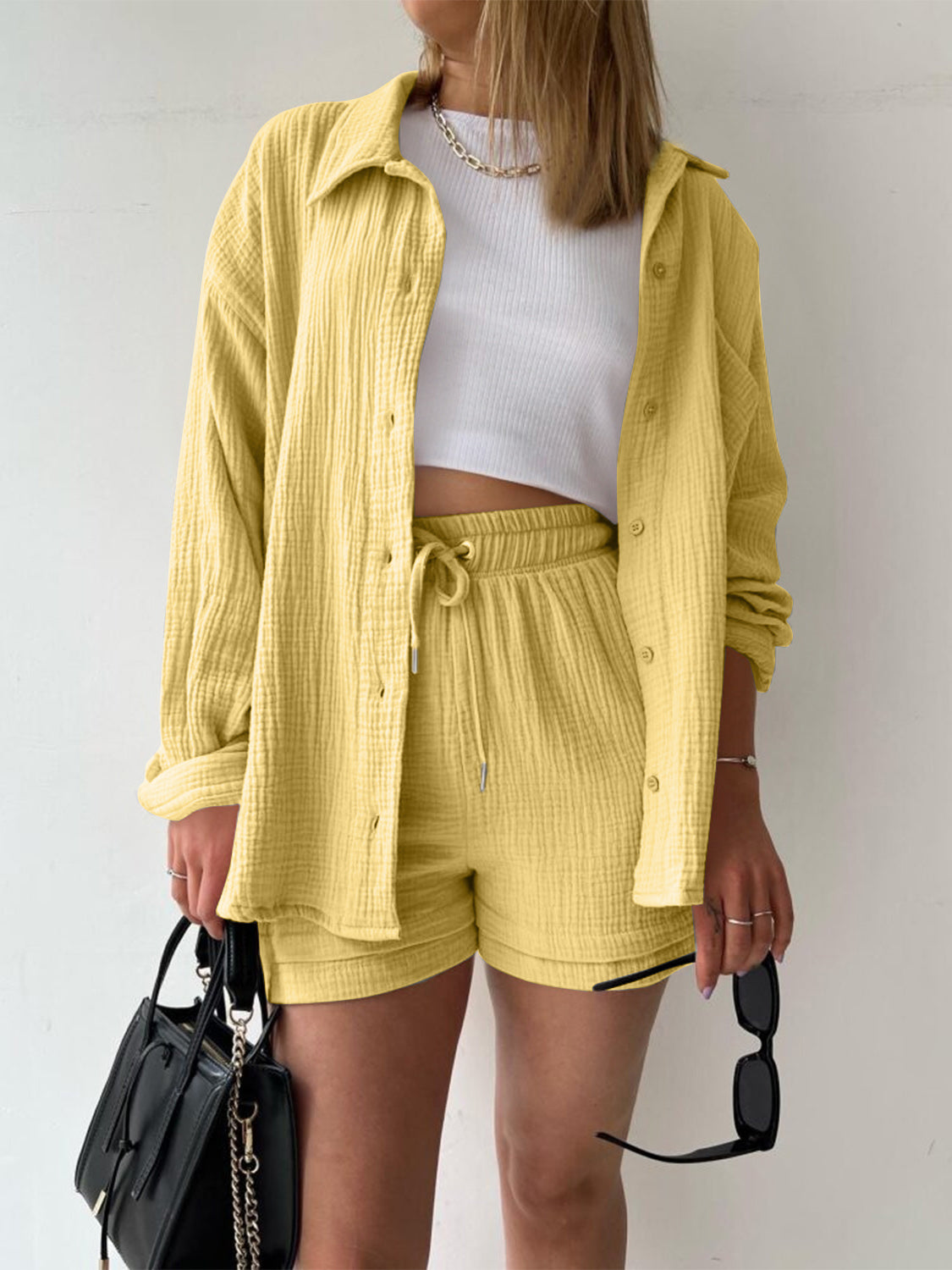 Textured Button Up Shirt Shorts Set