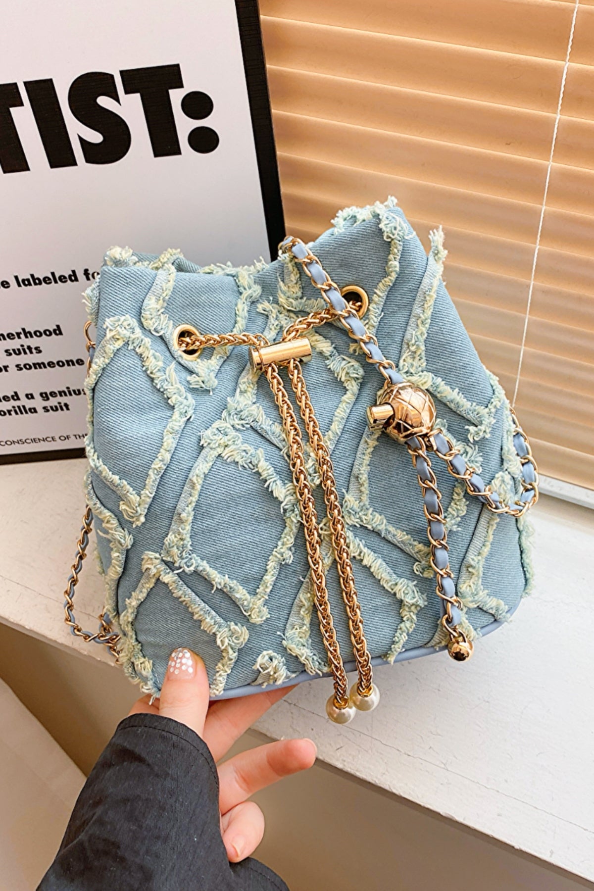 Chain Drawstring Raw Edge Denim Bucket