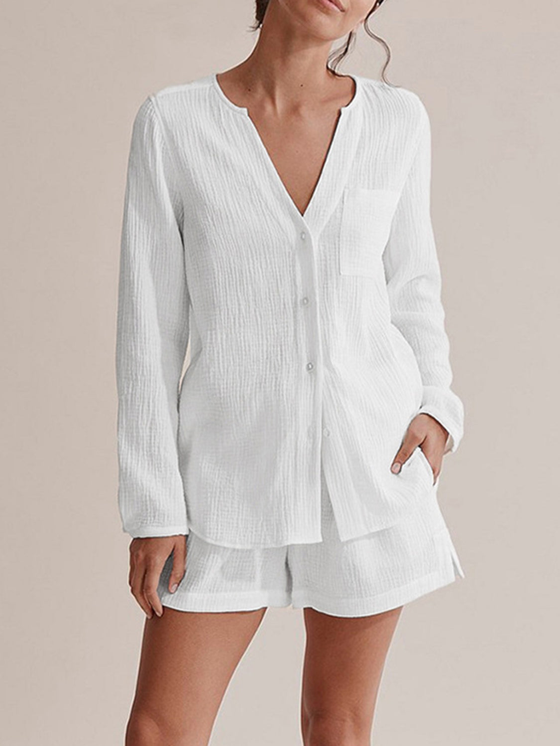 Notched Long Sleeve Top Shorts Set