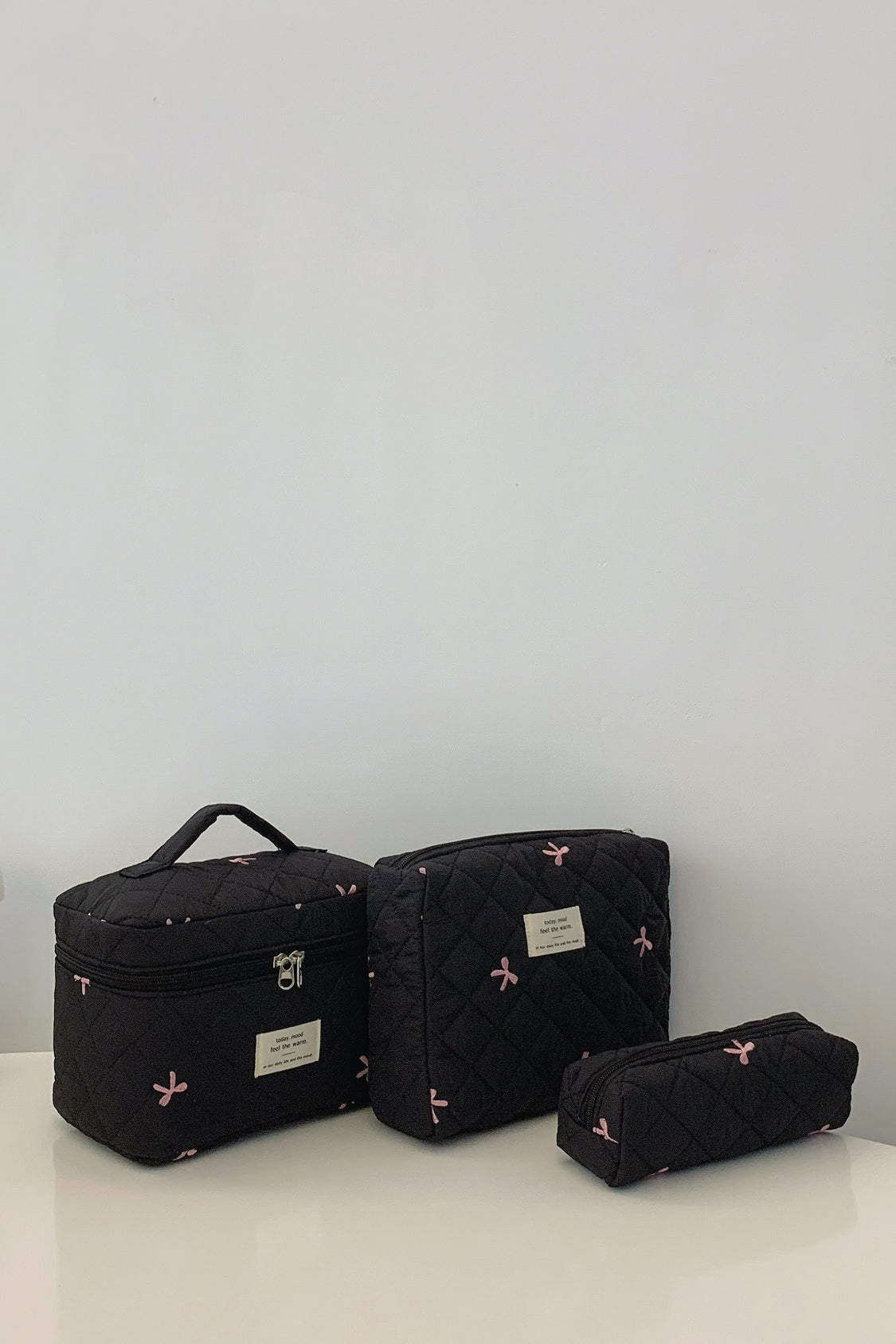3 Piece Bow Quilted Makeup Bag Set