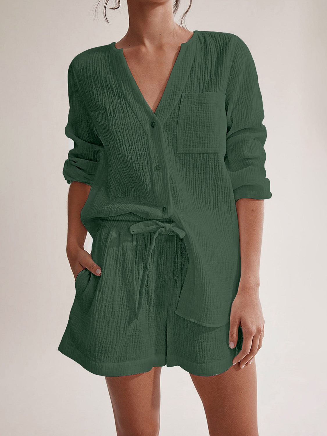 Notched Long Sleeve Top Shorts Set