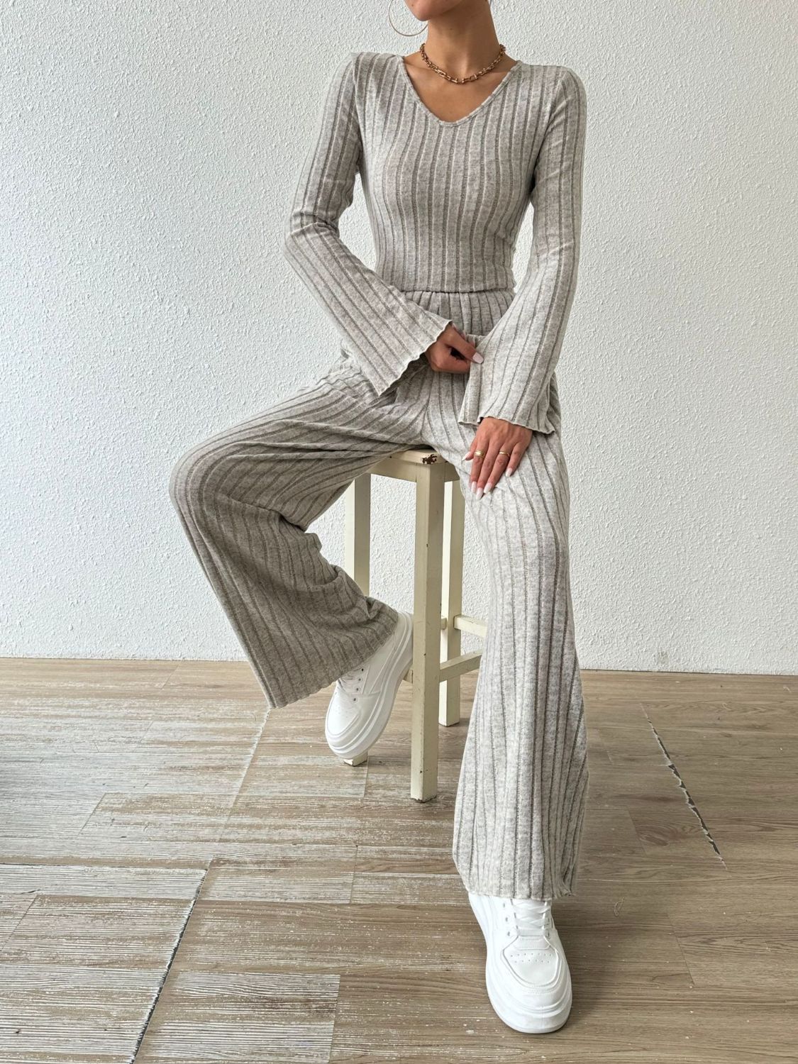 Ribbed V-Neck Long Sleeve Top Pants