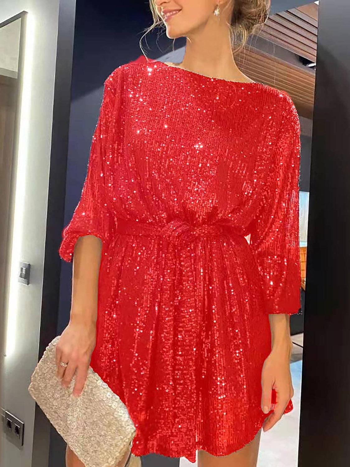 Sequin Tie Waist Long Sleeve Dress