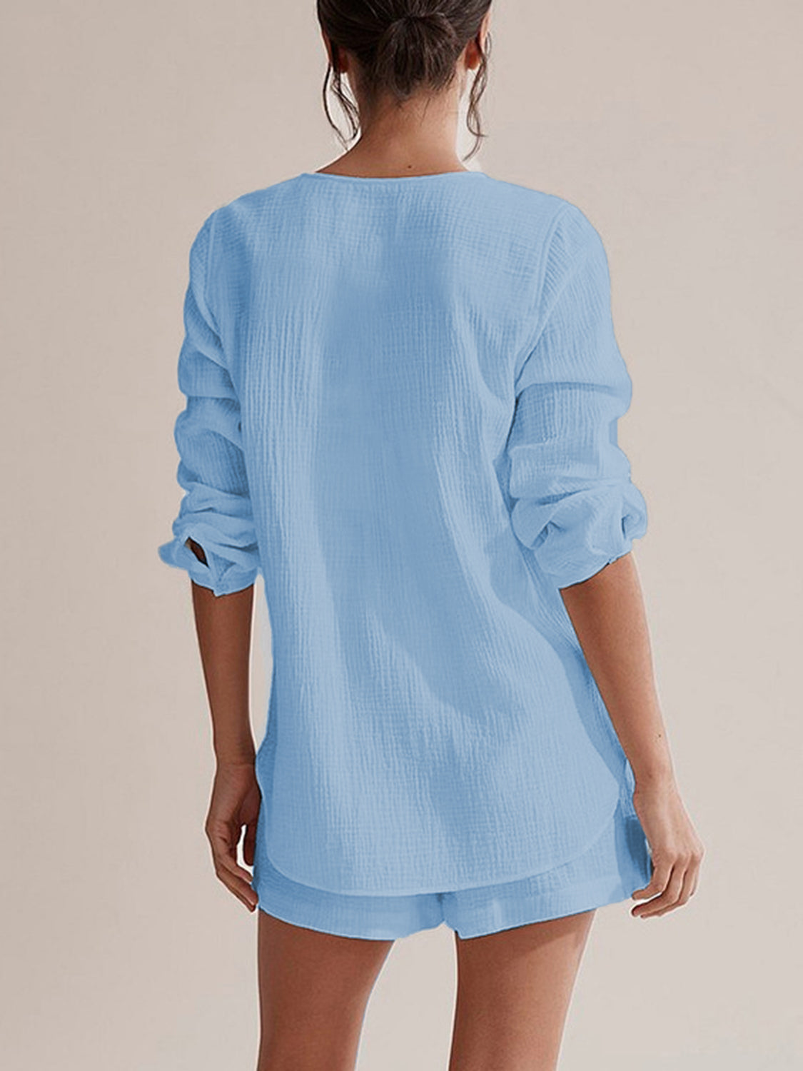 Notched Long Sleeve Top Shorts Set