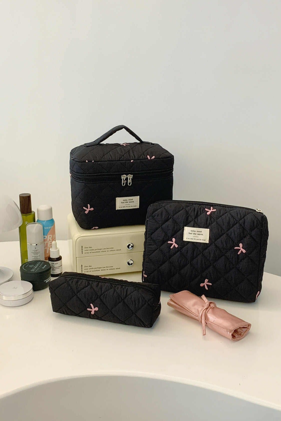 3 Piece Bow Quilted Makeup Bag Set