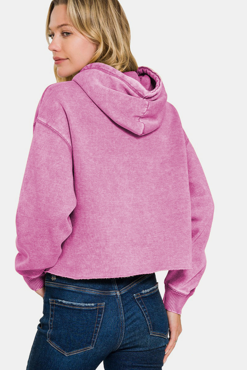 Zenana Acid Wash Fleece Crop Hoodie
