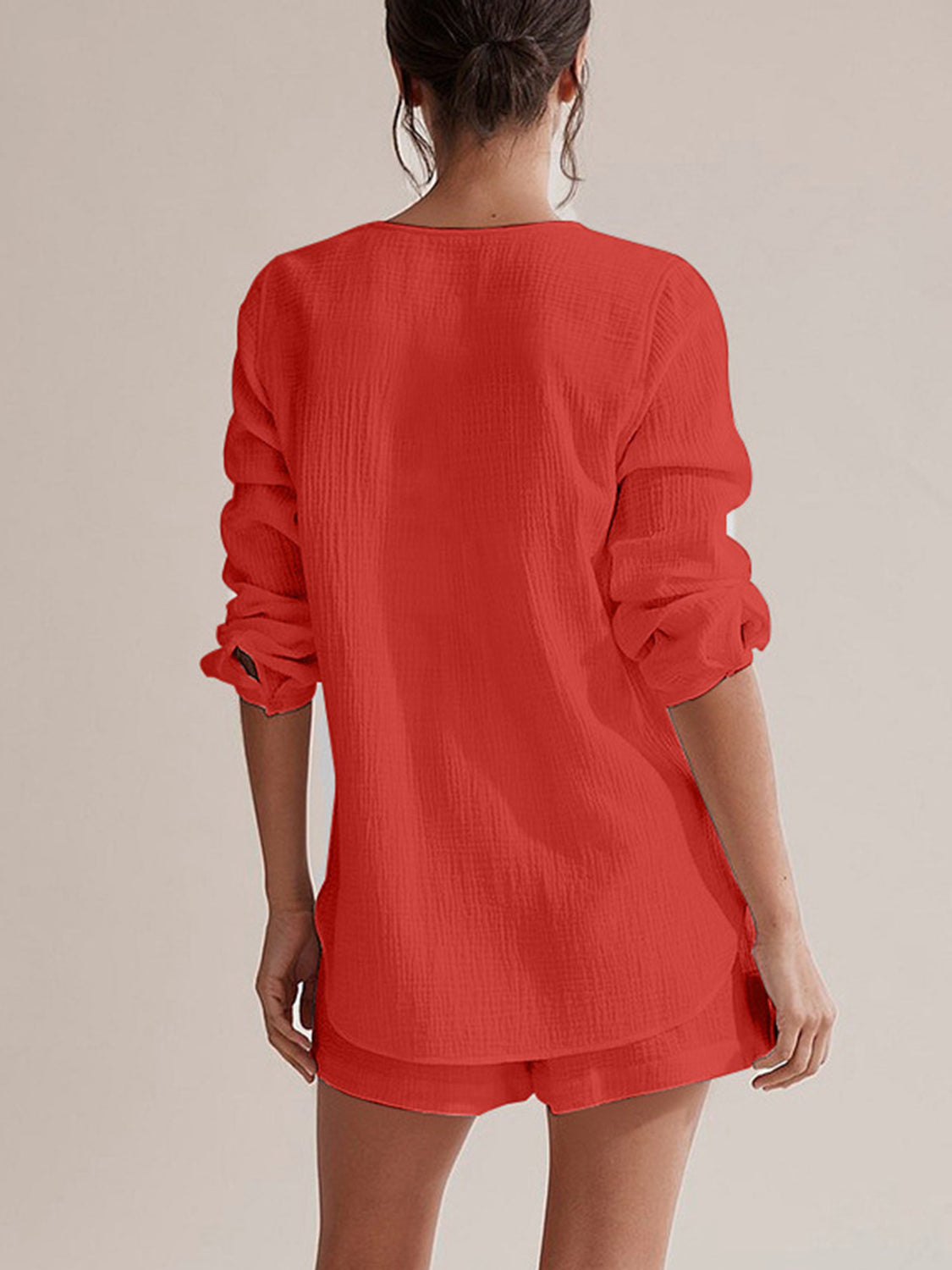 Notched Long Sleeve Top Shorts Set