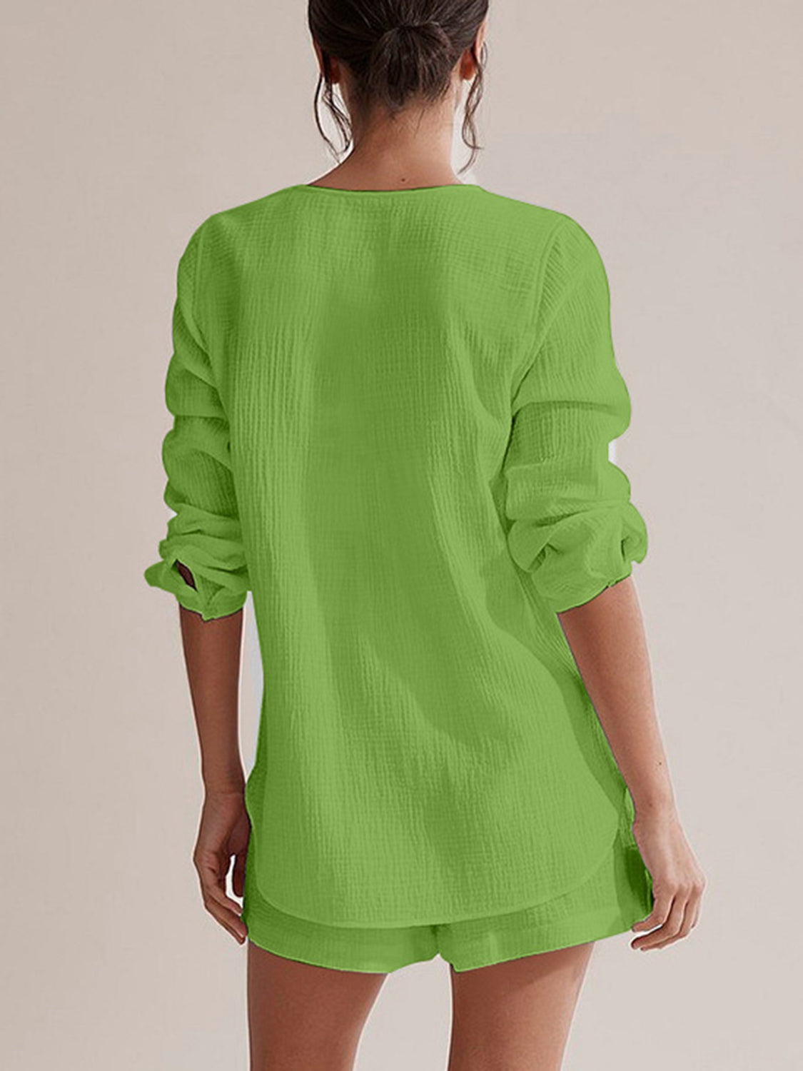 Notched Long Sleeve Top Shorts Set