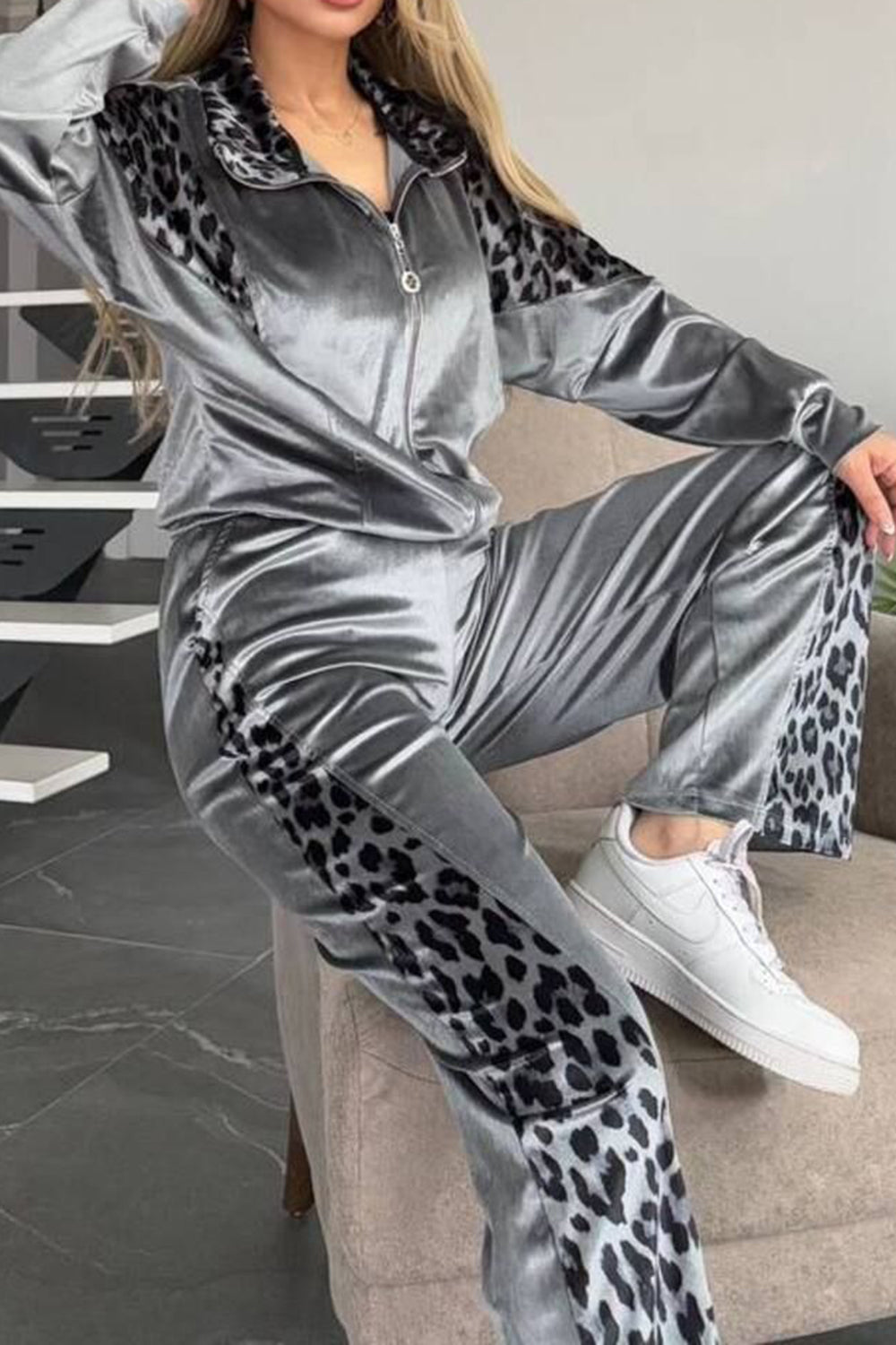 Collared Leopard Zip Top Pants Plus
