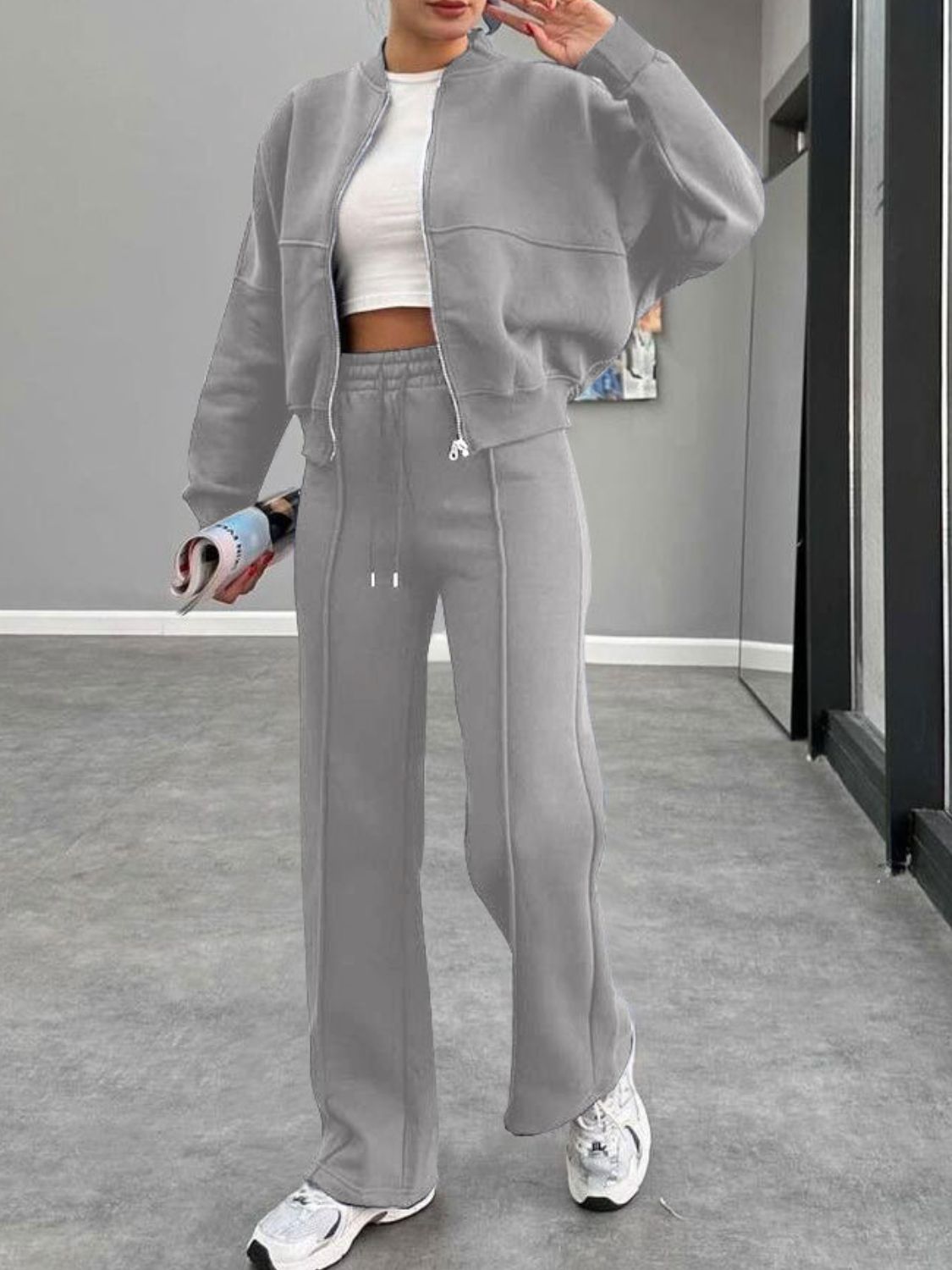 Baseball Collar Zip Up Outerwear Set