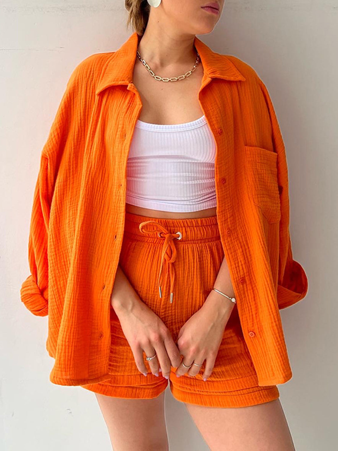 Textured Button Up Shirt Shorts Set
