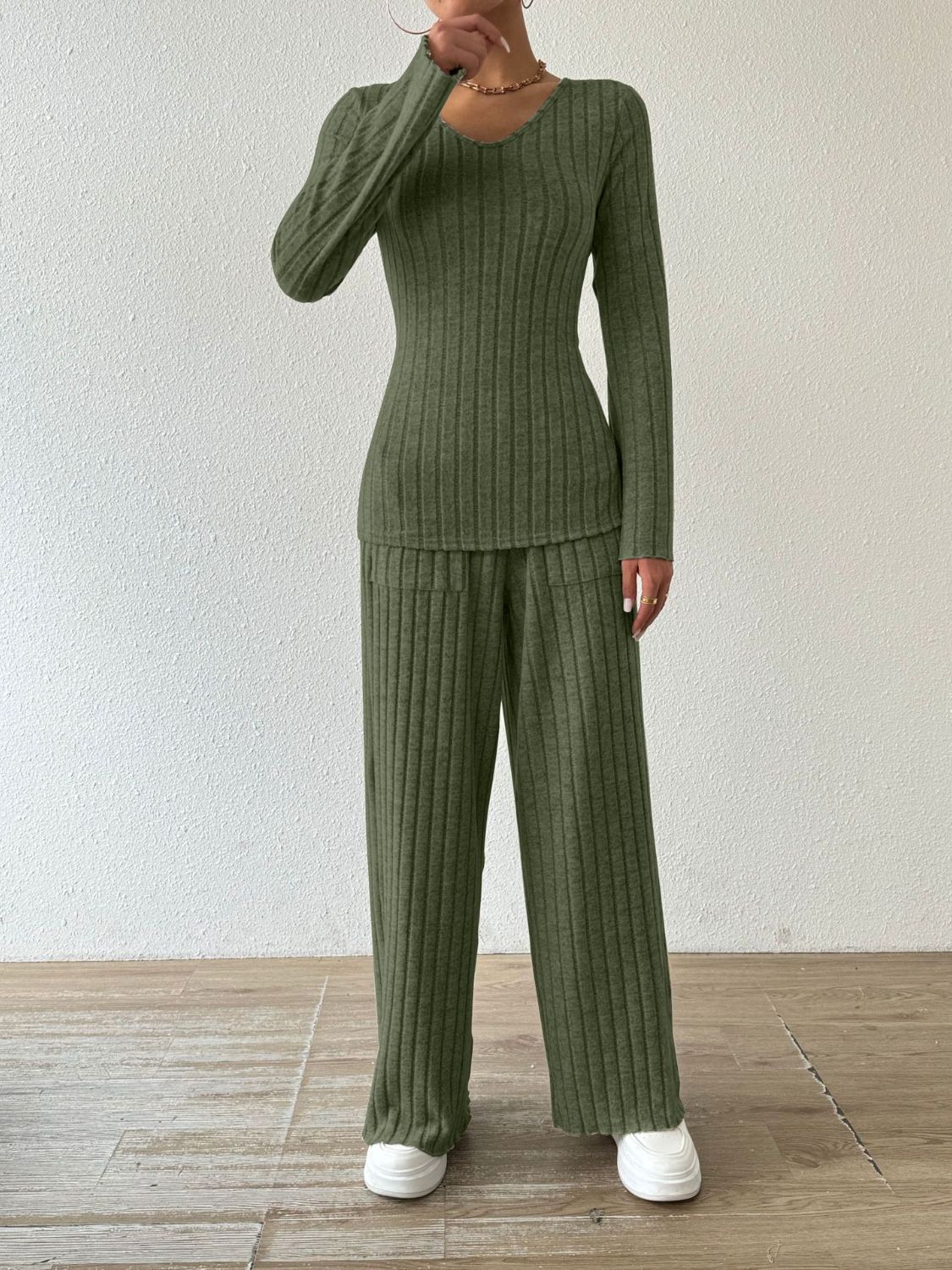 Ribbed V-Neck Long Sleeve Top Pants