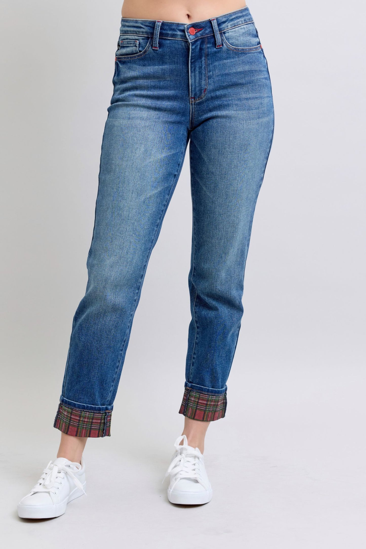 Blue Plaid Print Cuff Straight Jean
