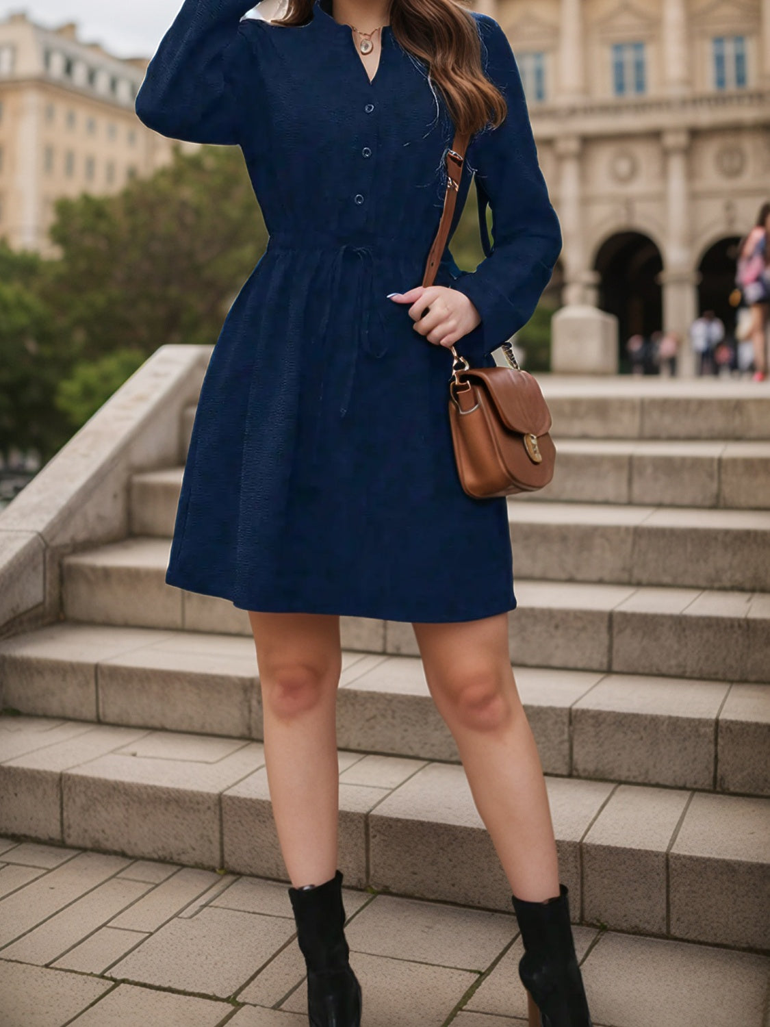 Drawstring Waist Notched Long Sleeve