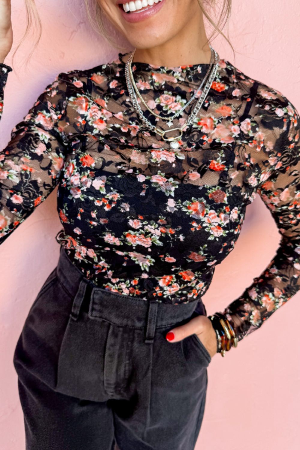 Floral Round Neck Long Sleeve Top
