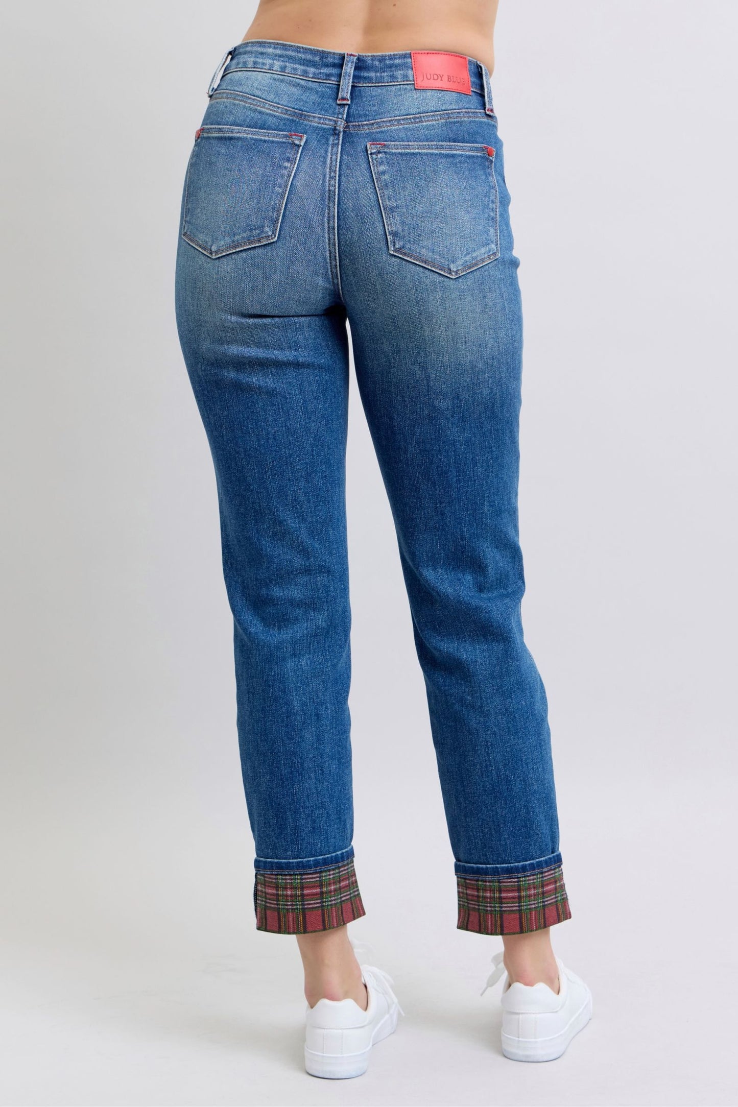 Blue Plaid Print Cuff Straight Jean