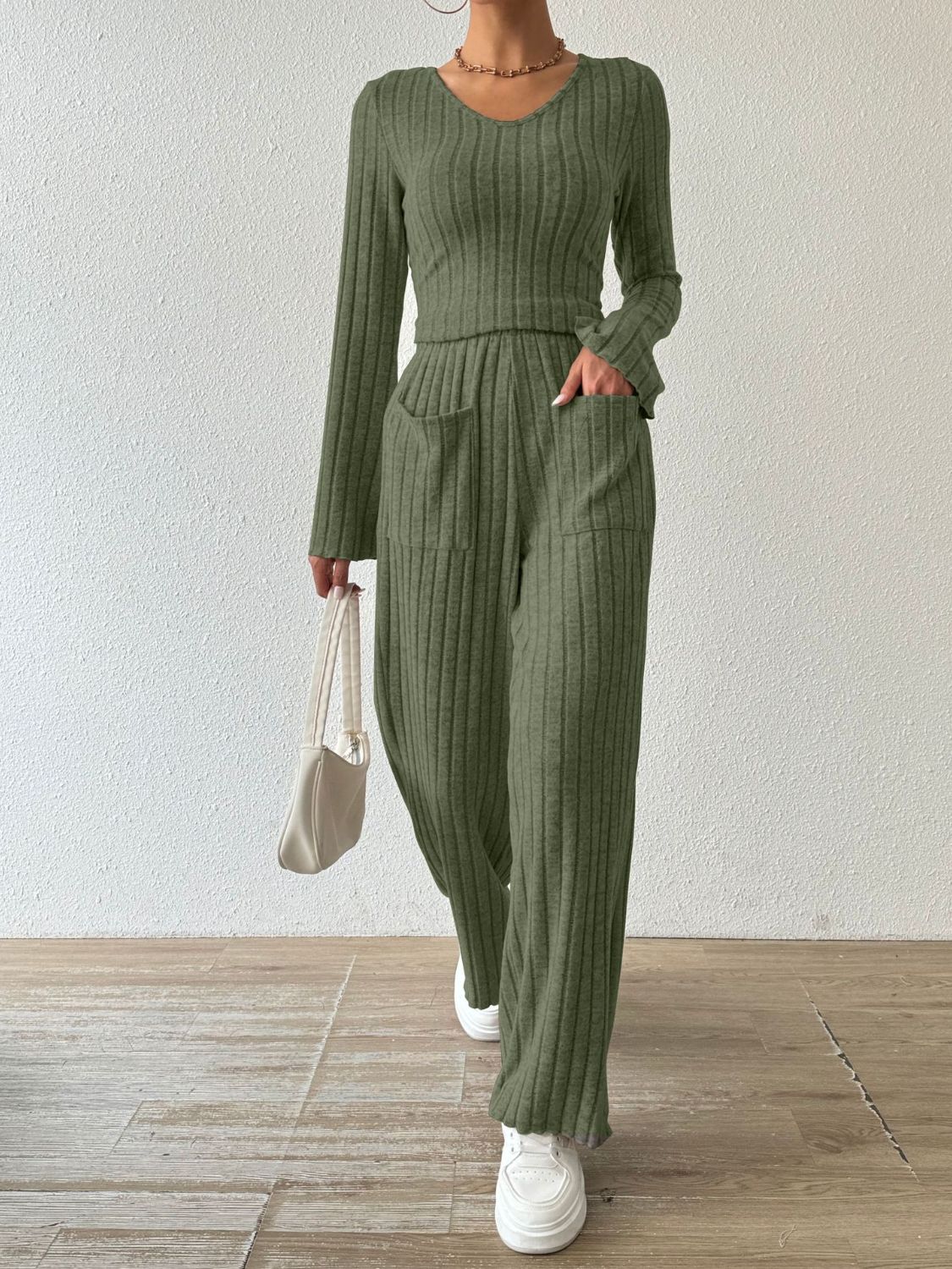 Ribbed V-Neck Long Sleeve Top Pants
