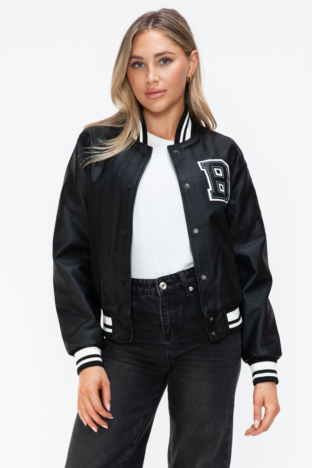 Leather Snap Down Bomber Jacket