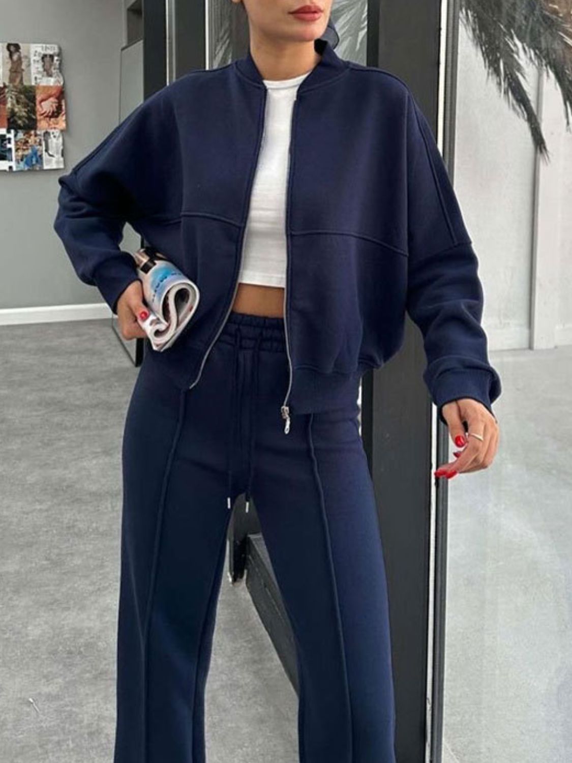 Baseball Collar Zip Up Outerwear Set