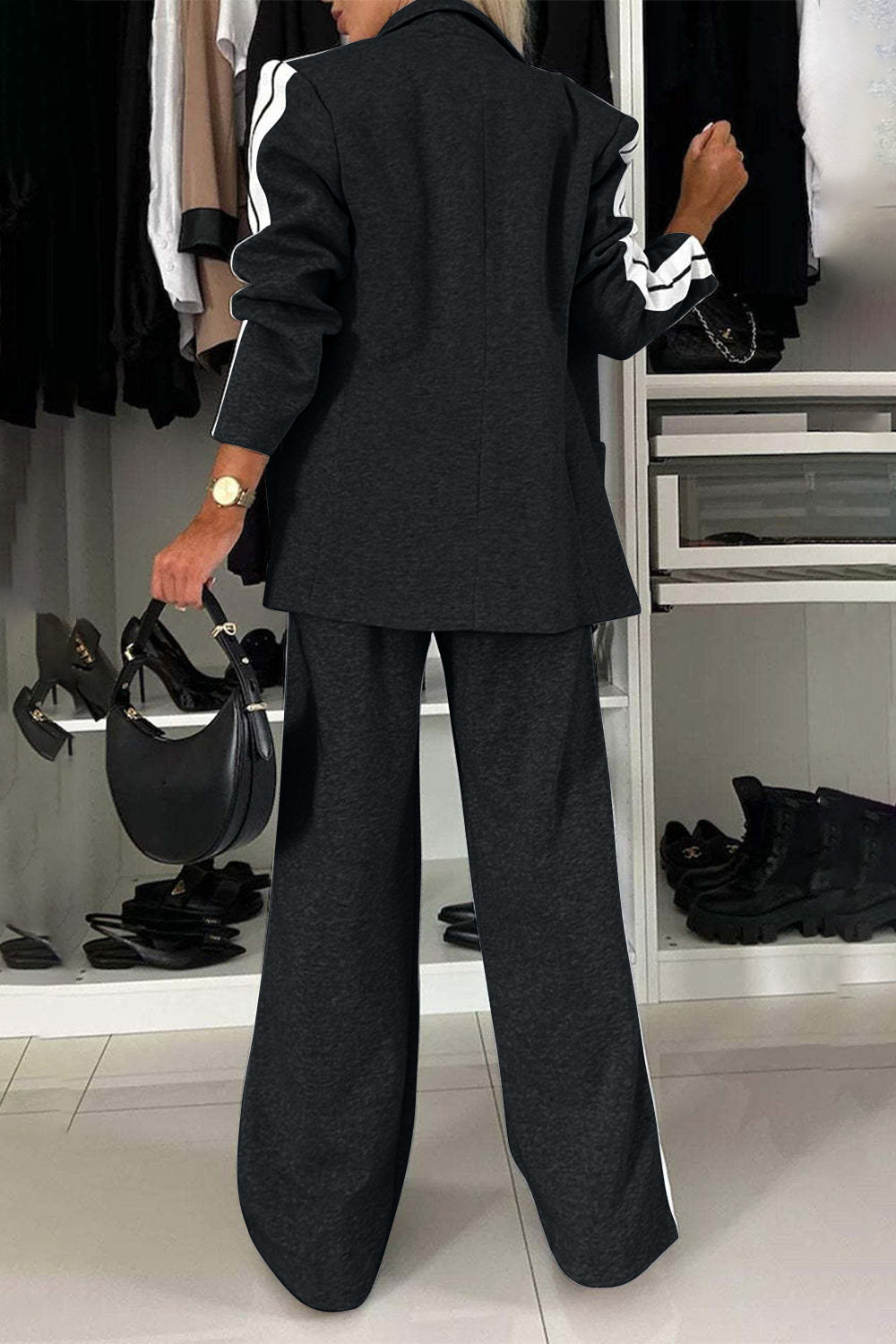 Contrast Lapel Collar Top & Pants Set