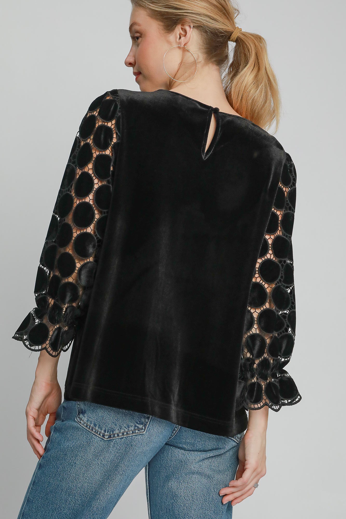 Umgee Polka Dot Lace Long Sleeve Top