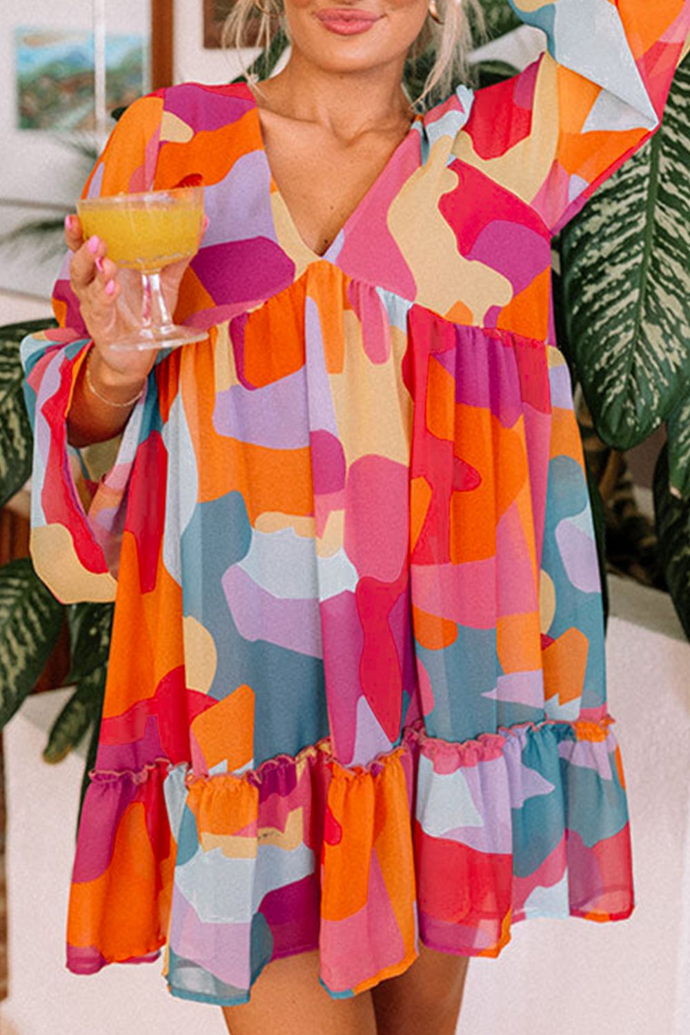 Ruffle Hem Color Block V-Neck Dress