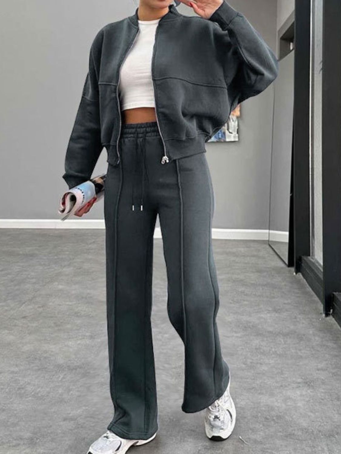 Baseball Collar Zip Up Outerwear Set