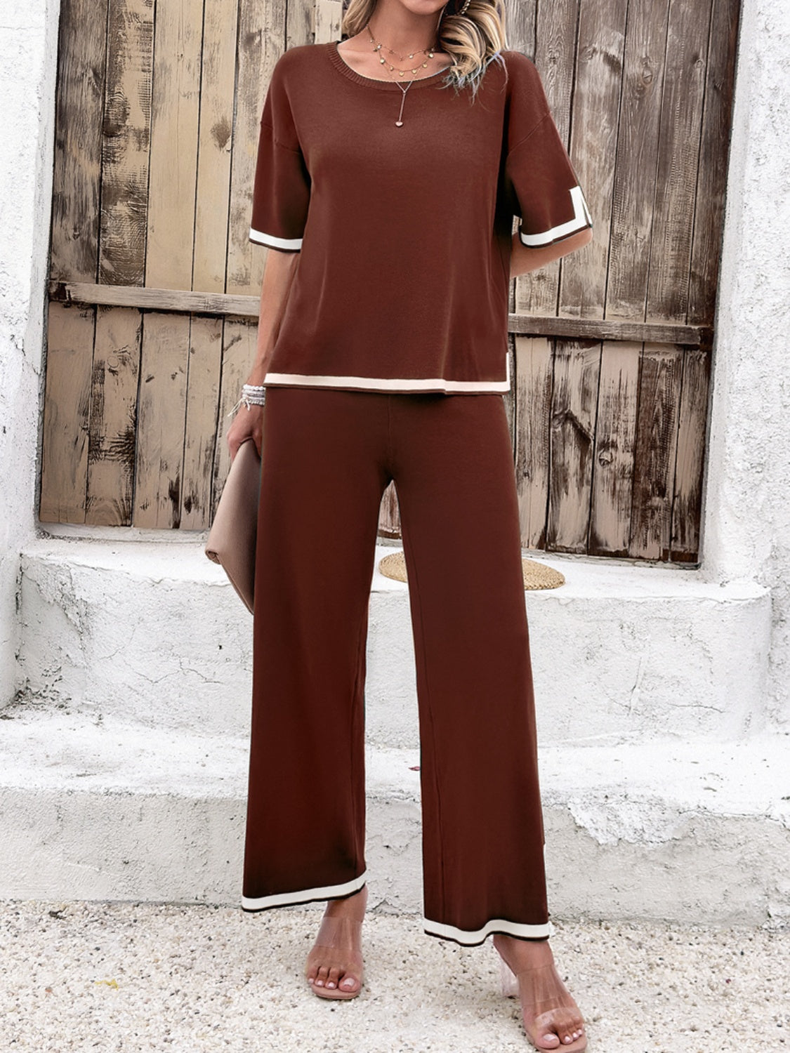 Contrast Trim Round Neck Top Pants Set