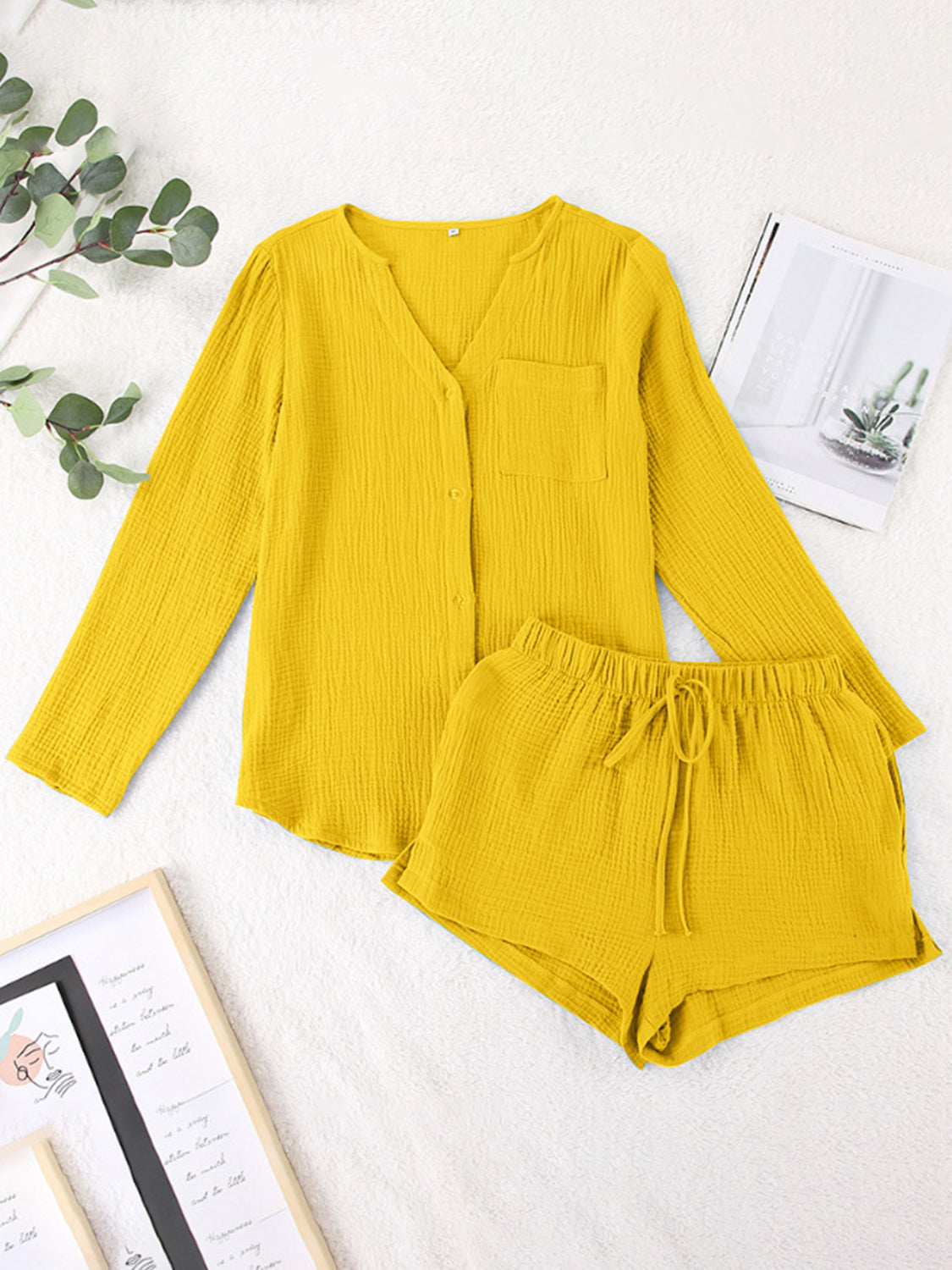 Notched Long Sleeve Top Shorts Set
