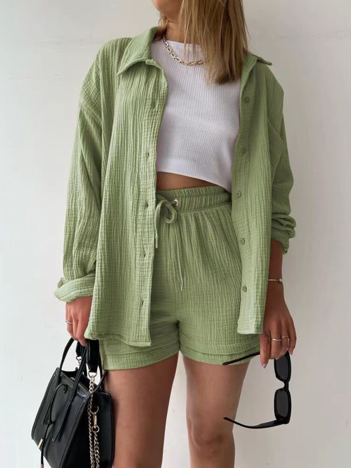 Textured Button Up Shirt Shorts Set