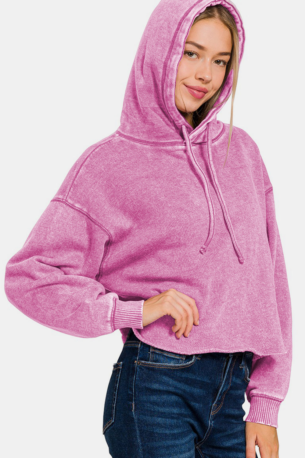 Zenana Acid Wash Fleece Crop Hoodie