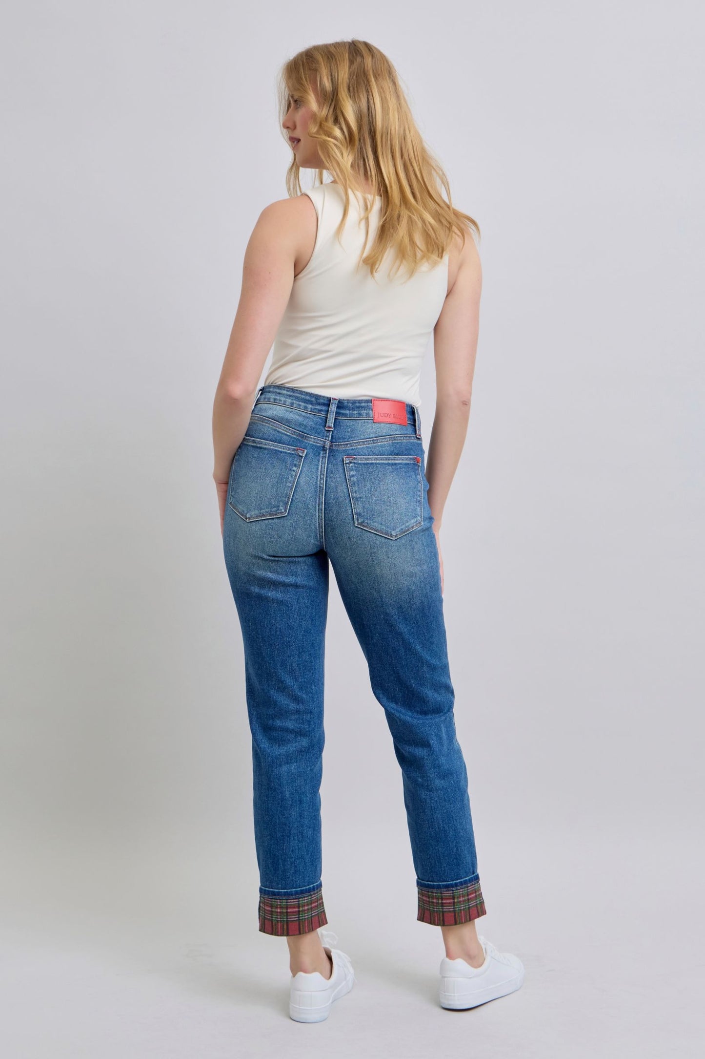 Blue Plaid Print Cuff Straight Jean