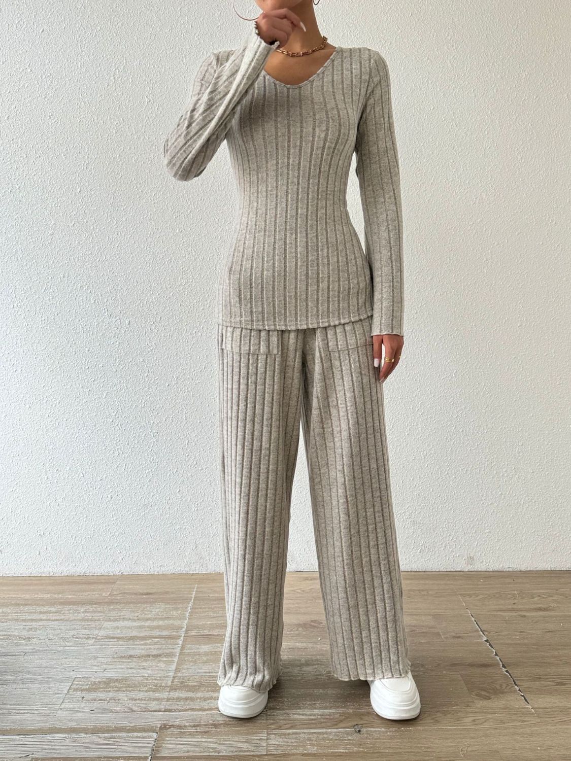 Ribbed V-Neck Long Sleeve Top Pants