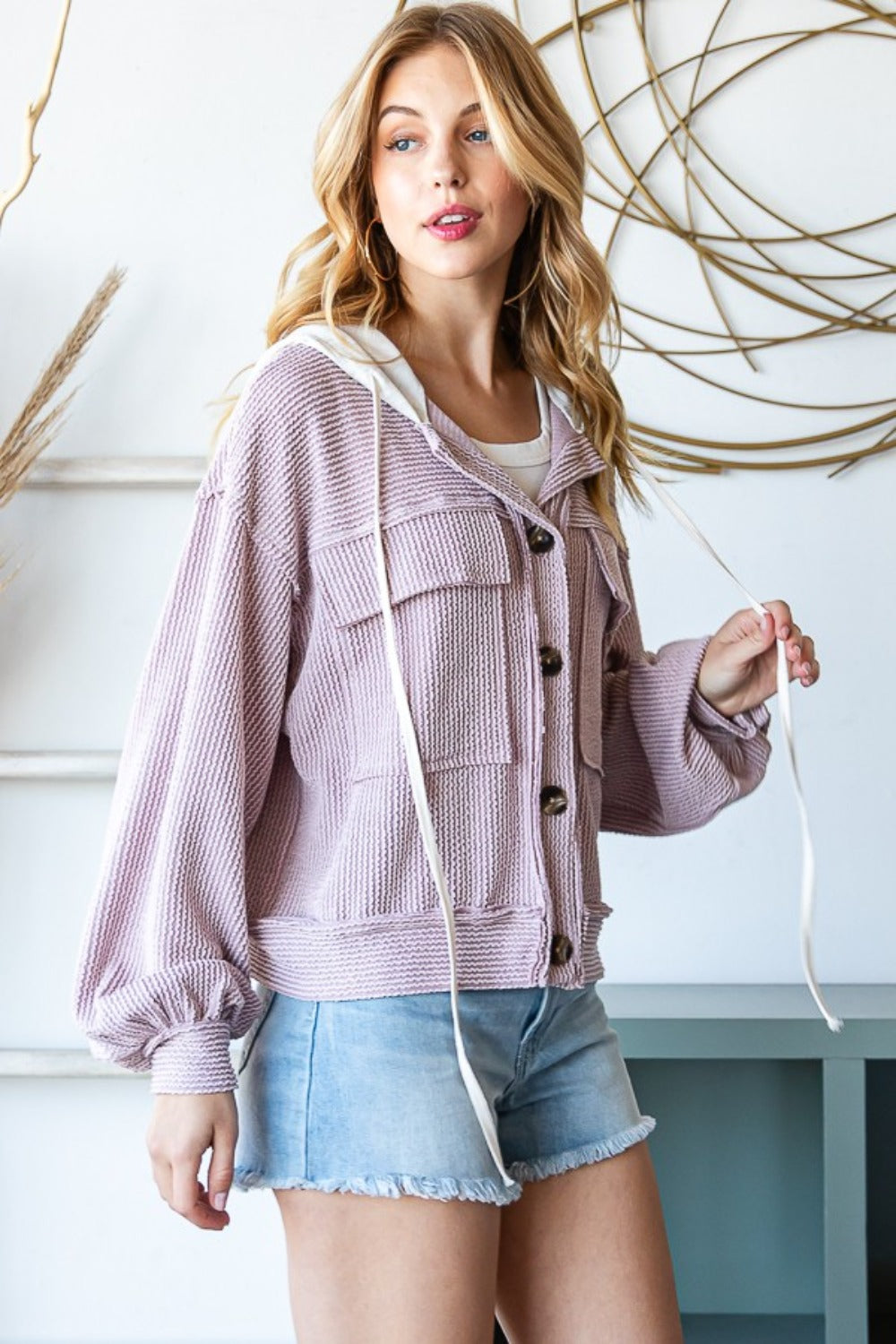 Contrast Hooded Button Down Jacket