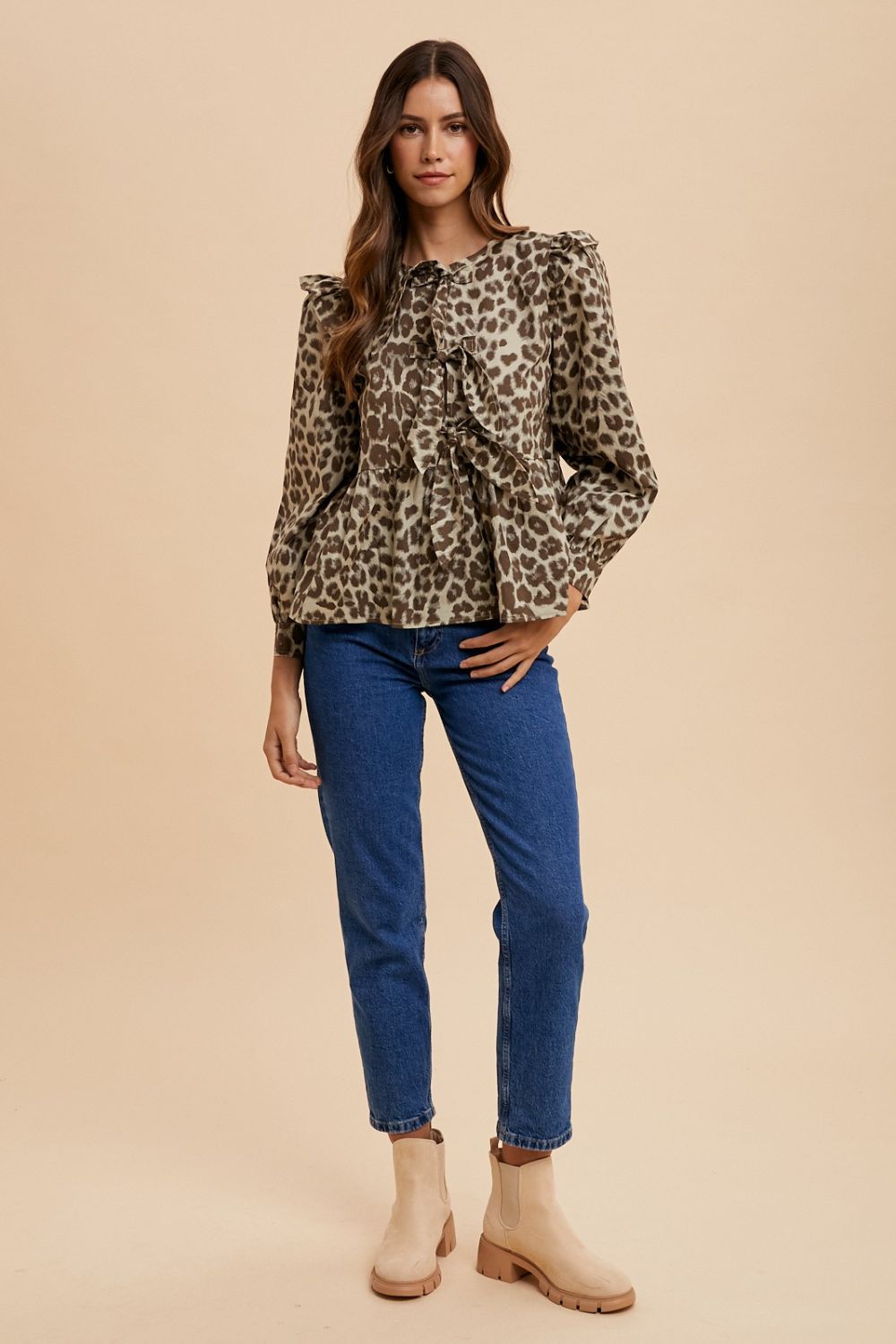 Women Leopard Peplum Blouse Tie Detail