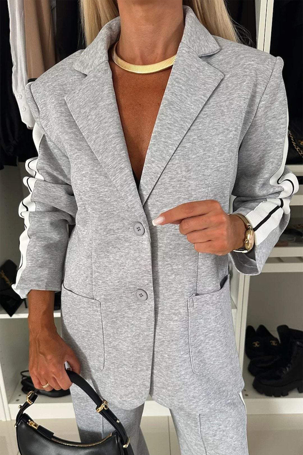 Contrast Lapel Collar Top & Pants Set