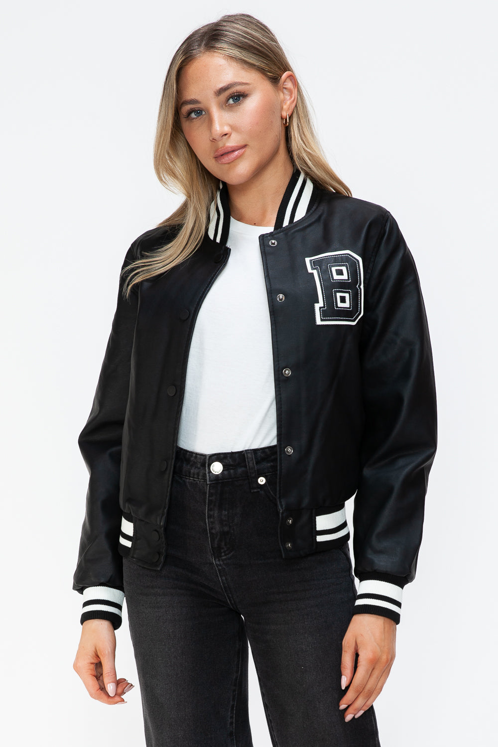 Leather Snap Down Bomber Jacket