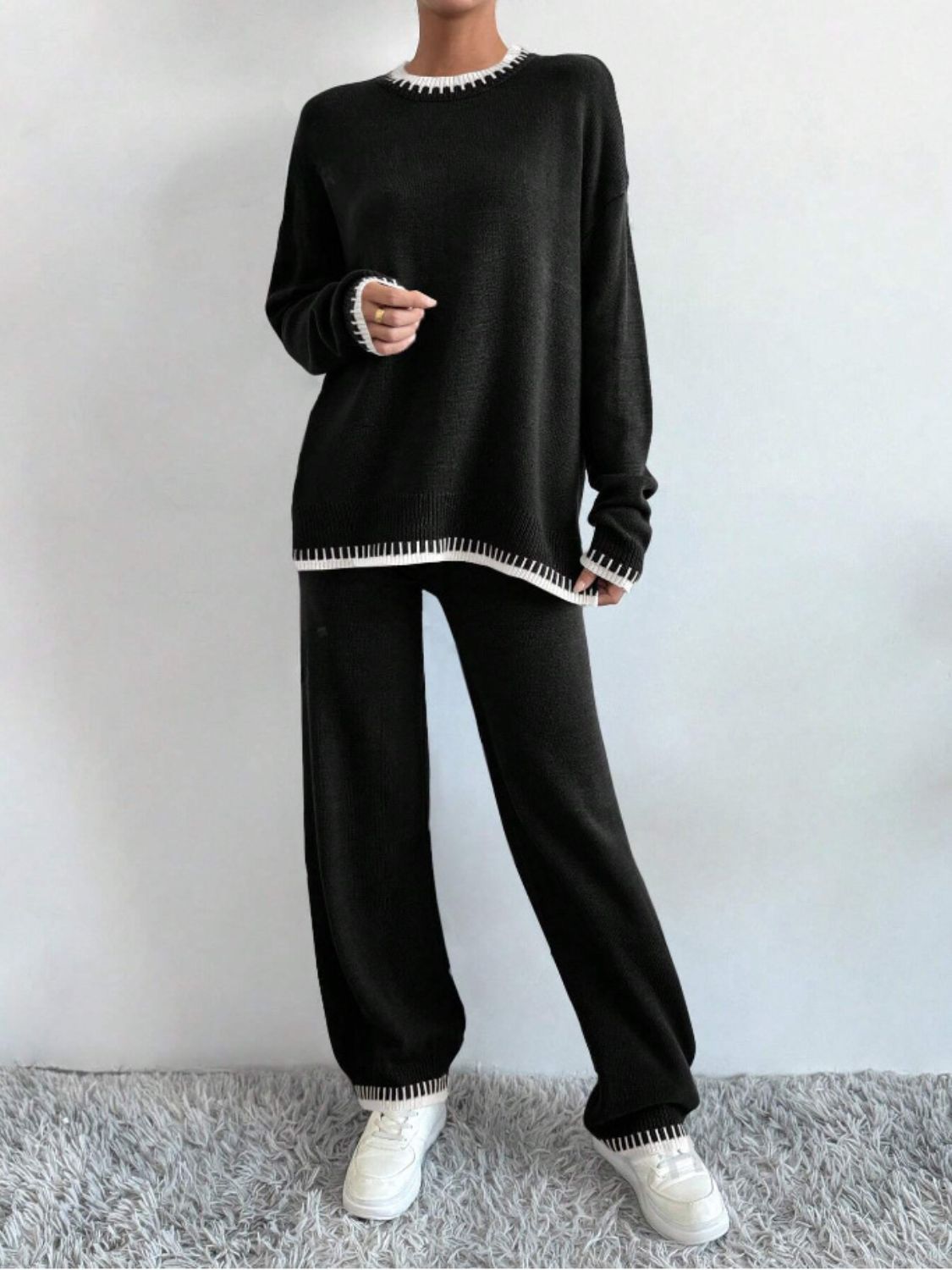 Side Slit Contrast Trim Top Pants Set