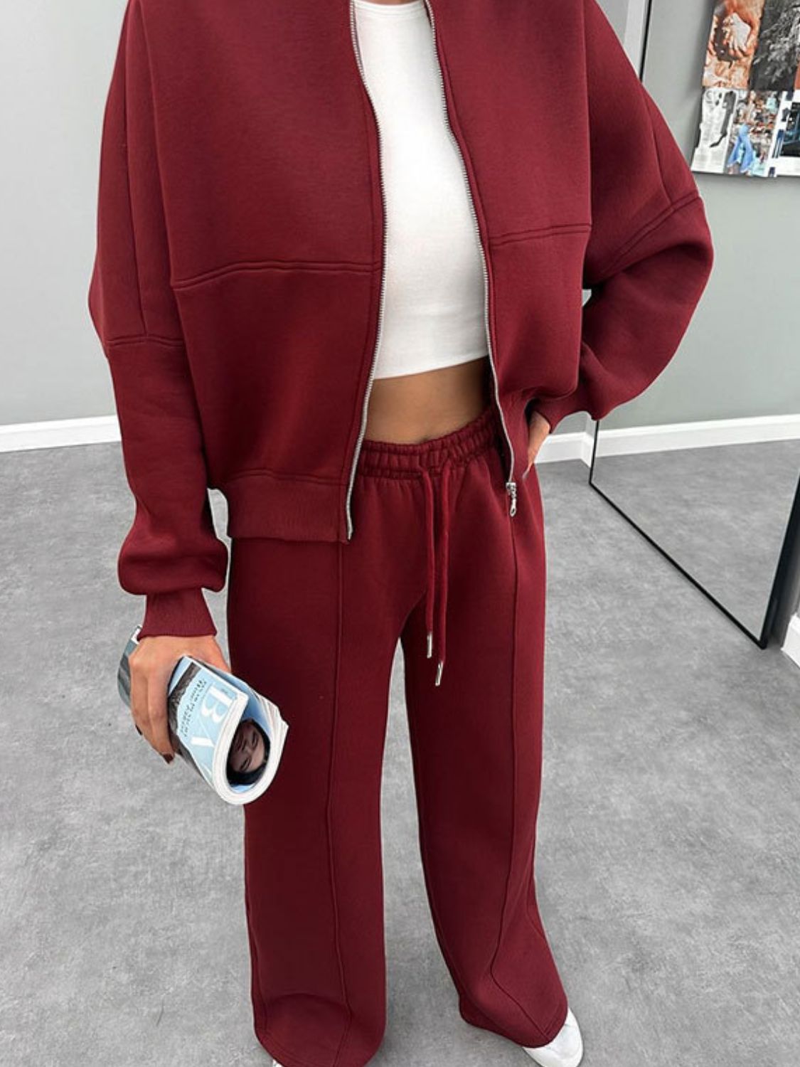 Baseball Collar Zip Up Outerwear Set