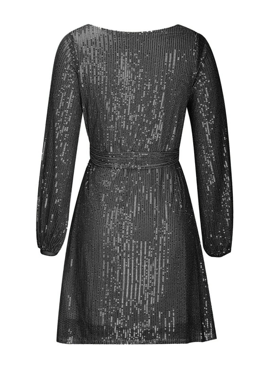 Sequin Tie Waist Long Sleeve Dress