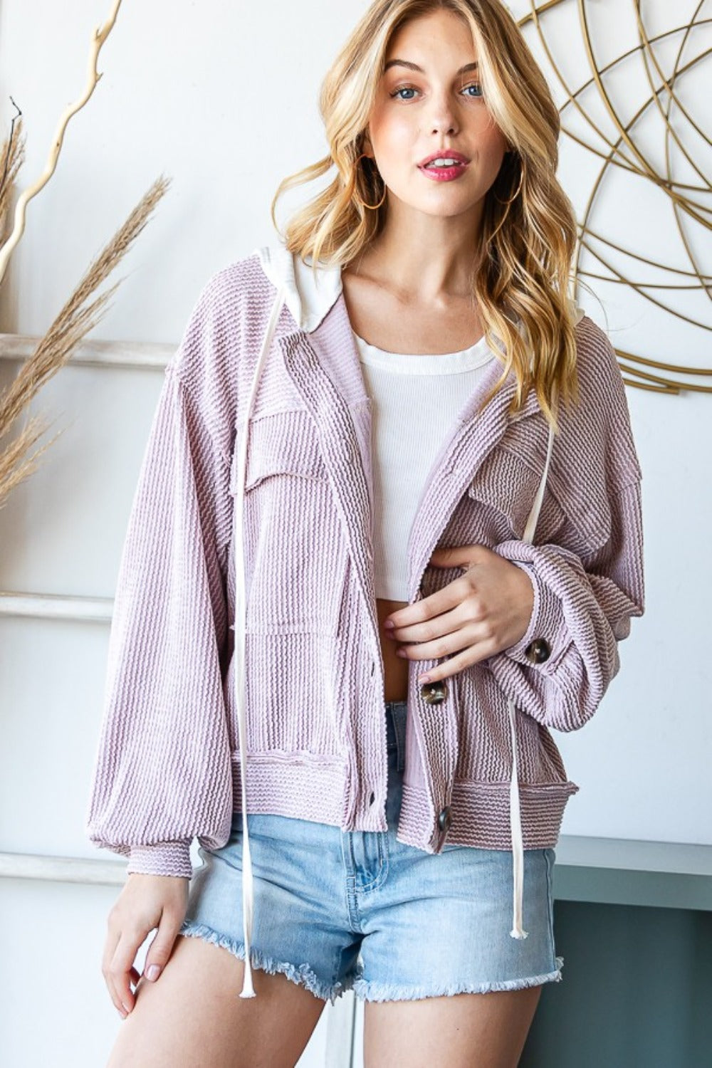 Contrast Hooded Button Down Jacket