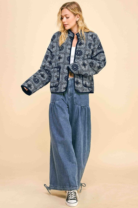 Vintage Print Open Front Jacket
