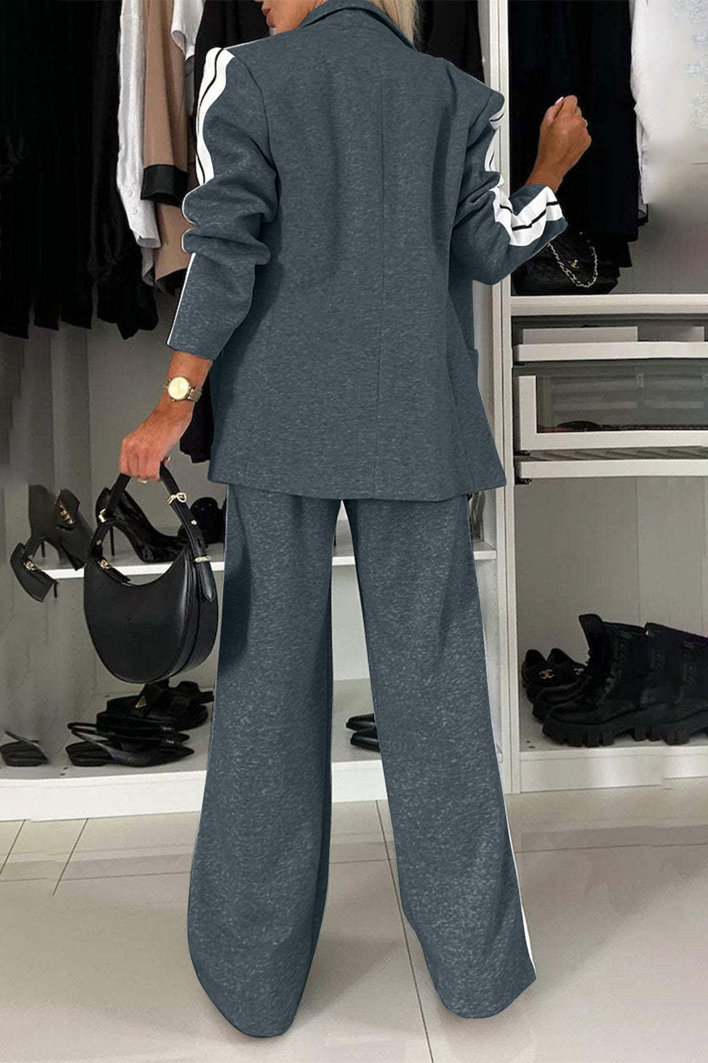 Contrast Lapel Collar Top & Pants Set