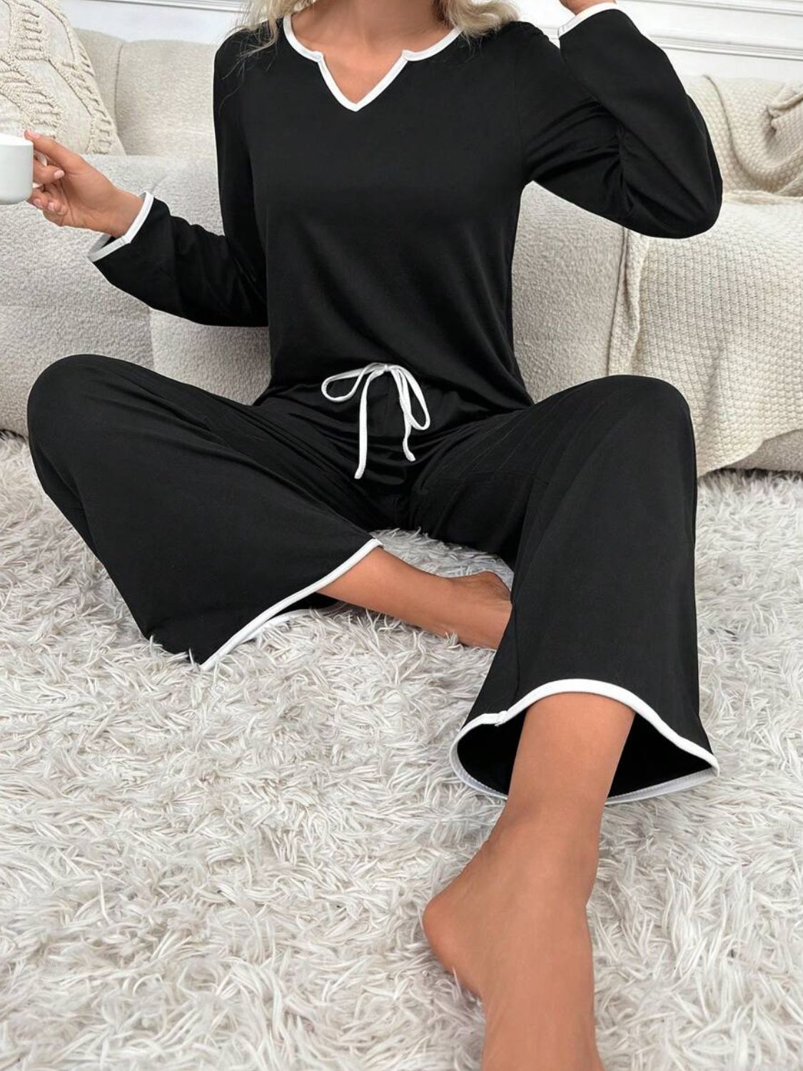Contrast Trim Notched Top Pants Set