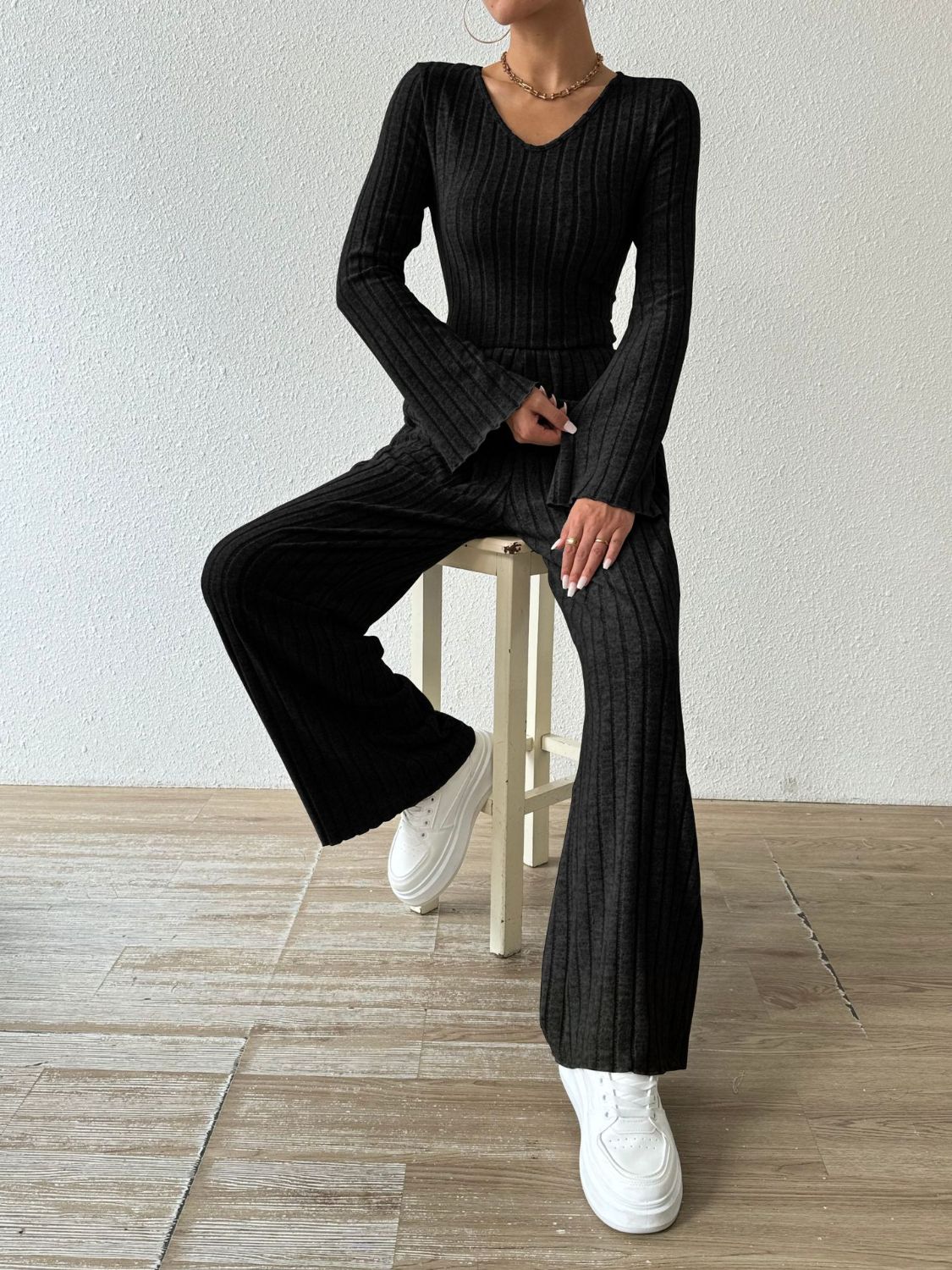 Ribbed V-Neck Long Sleeve Top Pants