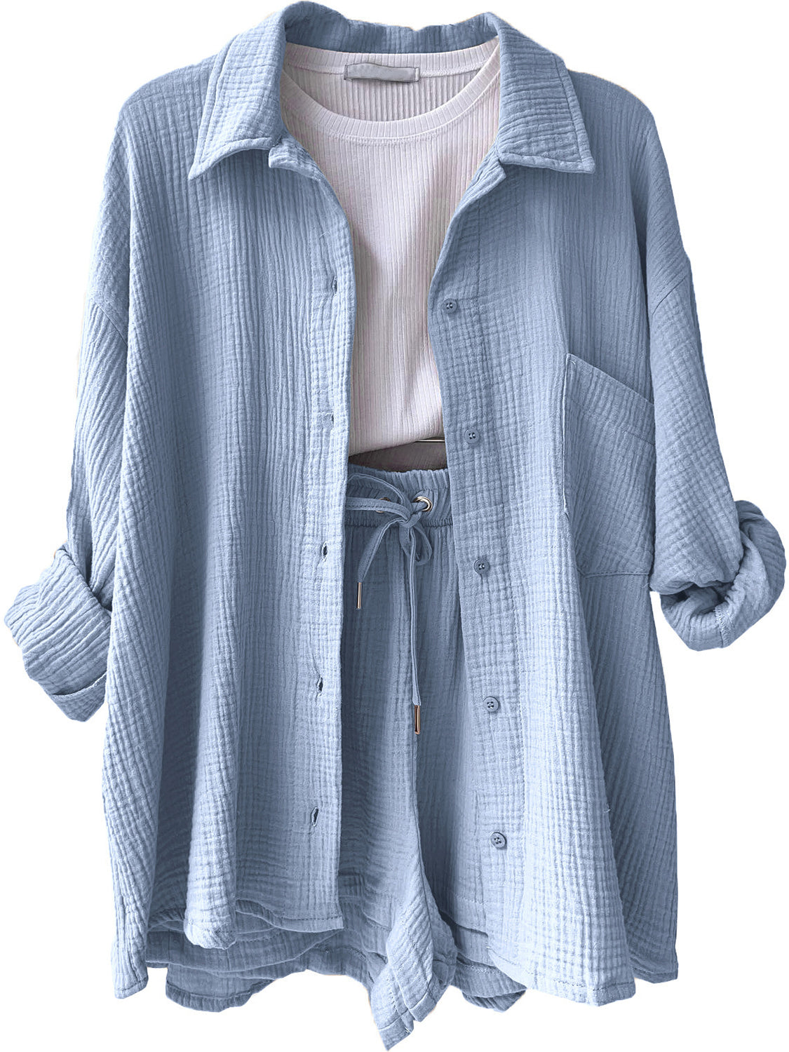 Textured Button Up Shirt Shorts Set