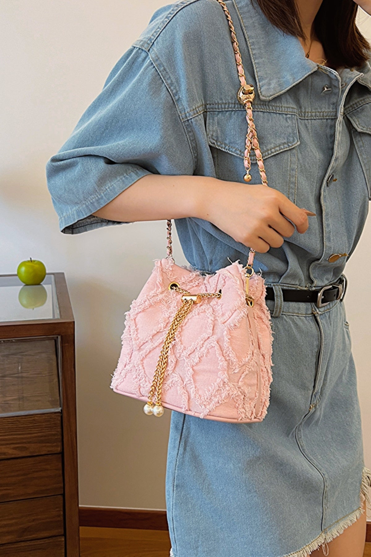 Chain Drawstring Raw Edge Denim Bucket