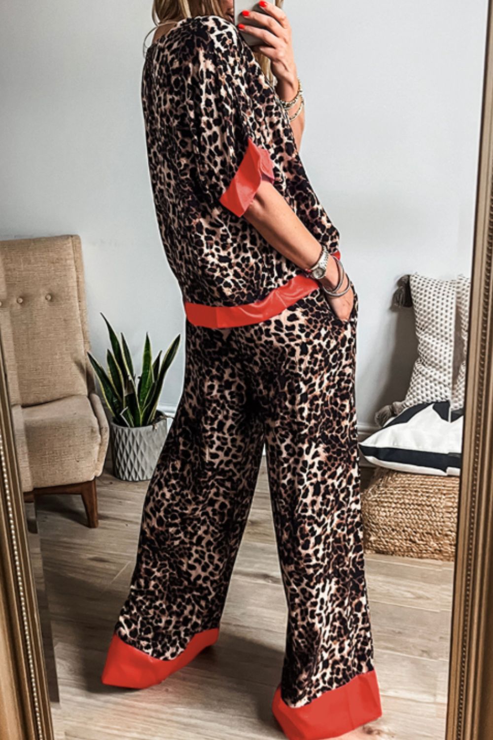 Contrast Trim Leopard Top Pants Set