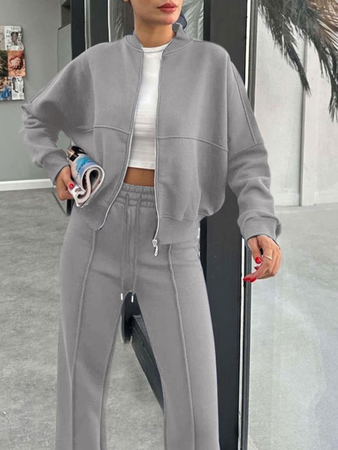 Baseball Collar Zip Up Outerwear Set